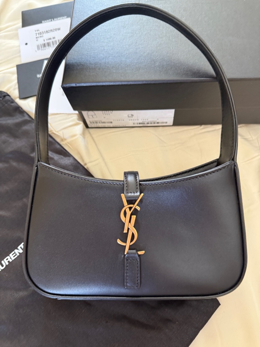 Saint Laurent Black Leather Shoulder Bag with Gold YSL Monogram NEVER USED